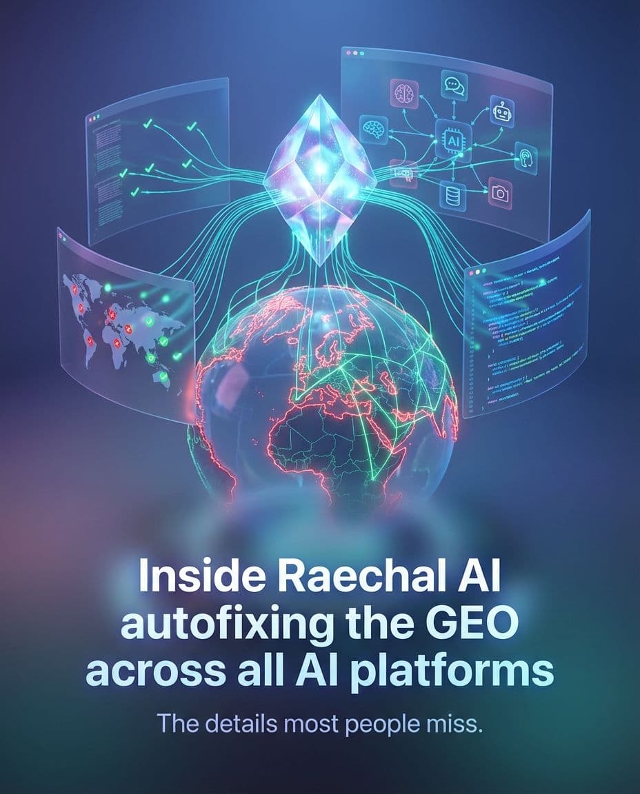 Raechal AI dashboard showing Total Health 40%, Technical SEO 73%, On-Page 92%, AI Visibility 28%