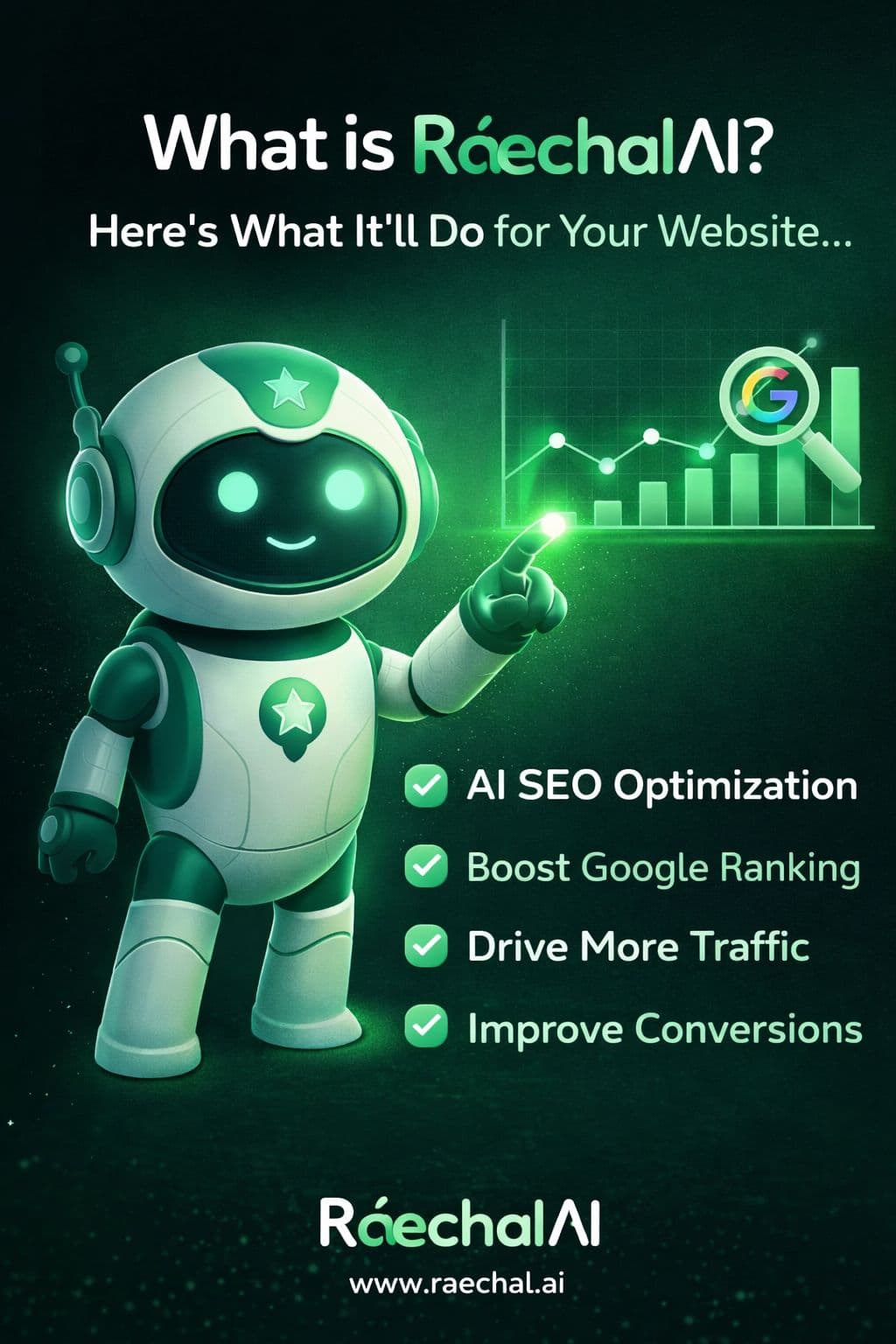 Raechal AI Blog Studio composing a long-form article with live AI outline, SEO score 94/100, and auto-generated poster preview