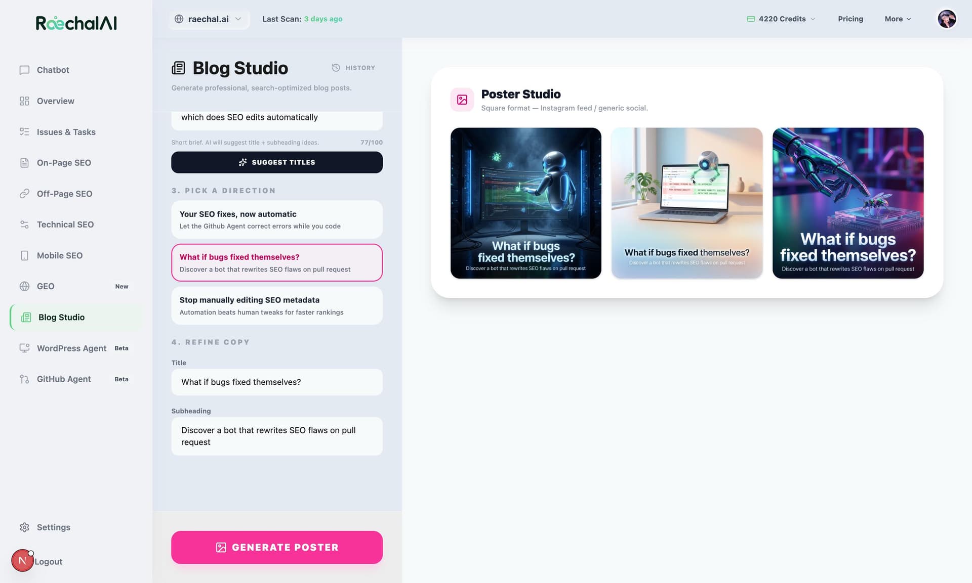 Raechal AI WordPress Agent pushing 9 autofix PRs — title-tag rewrites, alt-text backfills, and internal-link suggestions — directly to the live site