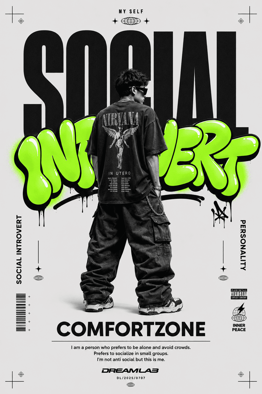 AI-generated streetwear poster with bold 'SOCIAL INTROVERT' graffiti typography over a monochrome model, created by Raechal AI