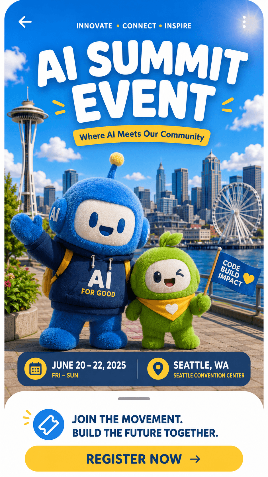 AI-generated event poster for an 'AI Summit Event' with plush 3D mascots and a Seattle skyline, created by Raechal AI