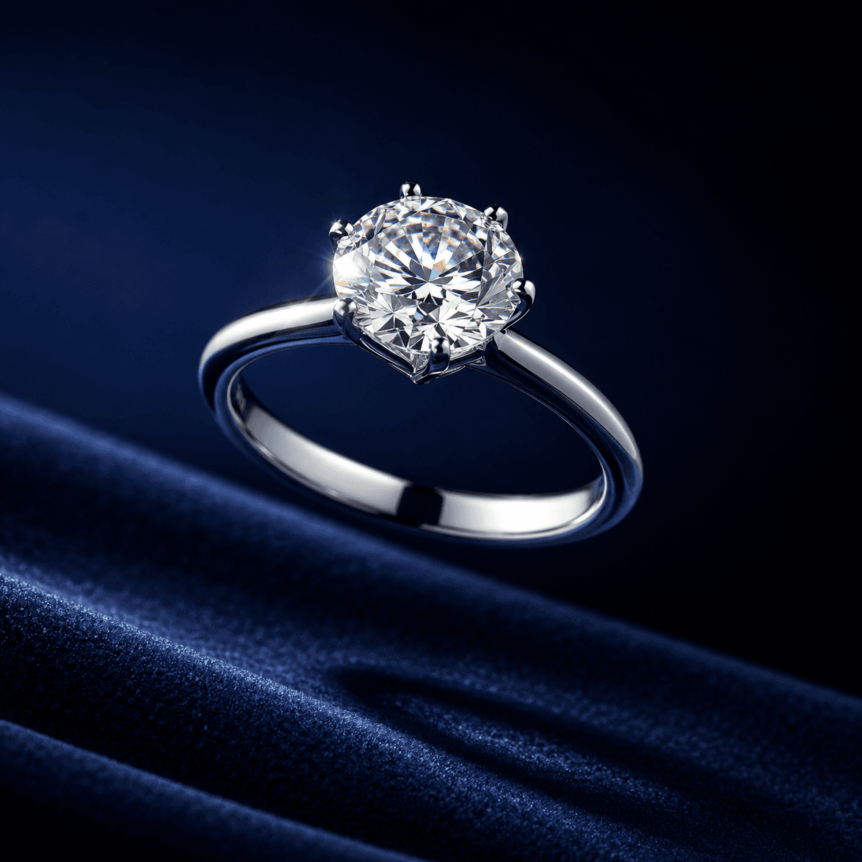 AI-generated jewellery product shot of a solitaire diamond engagement ring on midnight-blue velvet, created by Raechal AI