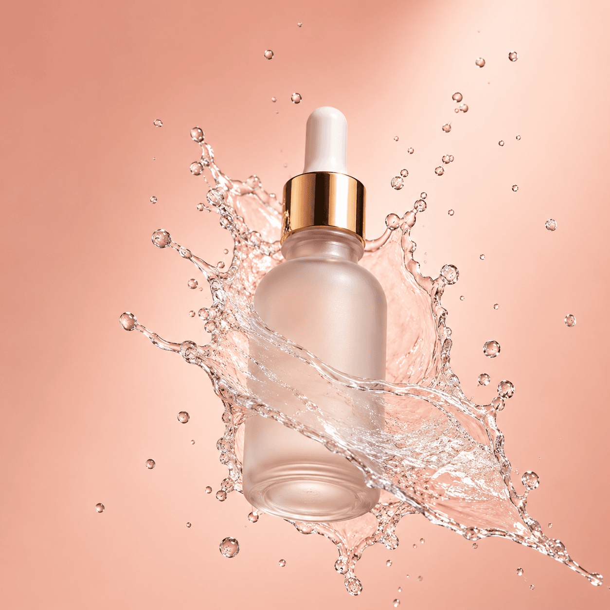AI-generated skincare product ad of a frosted-glass serum dropper bottle wrapped in a water splash, created by Raechal AI