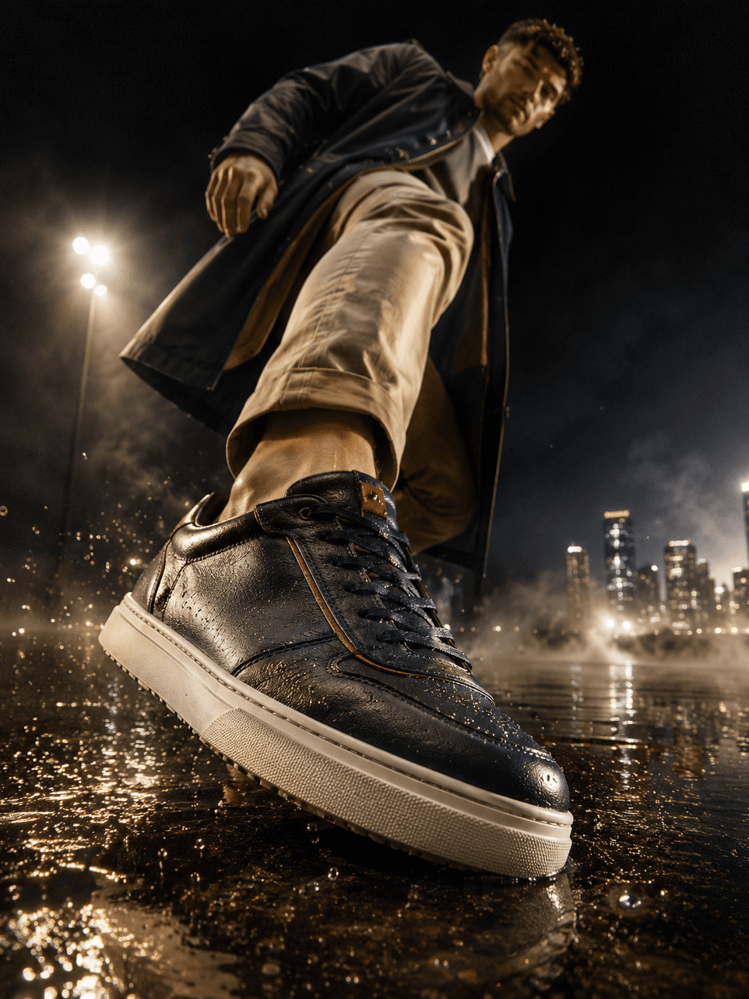 AI-generated cinematic footwear advertisement with a male model on a rain-soaked night street, created by Raechal AI