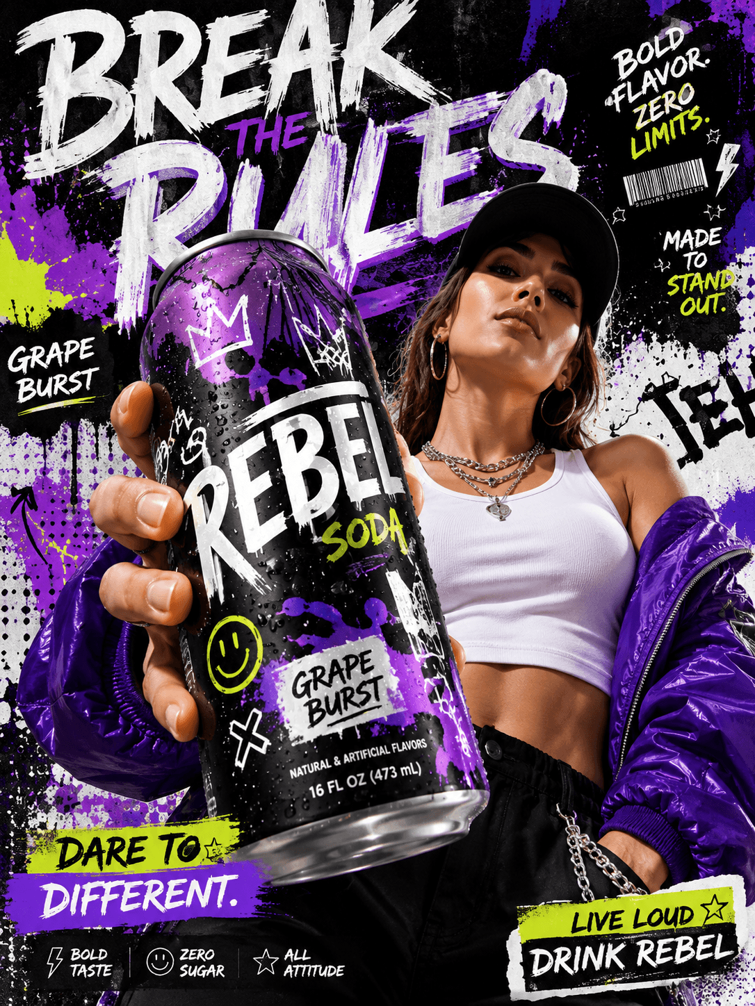 AI-generated energy-drink campaign poster 'Break the Rules' with a model holding a Rebel Soda can, created by Raechal AI