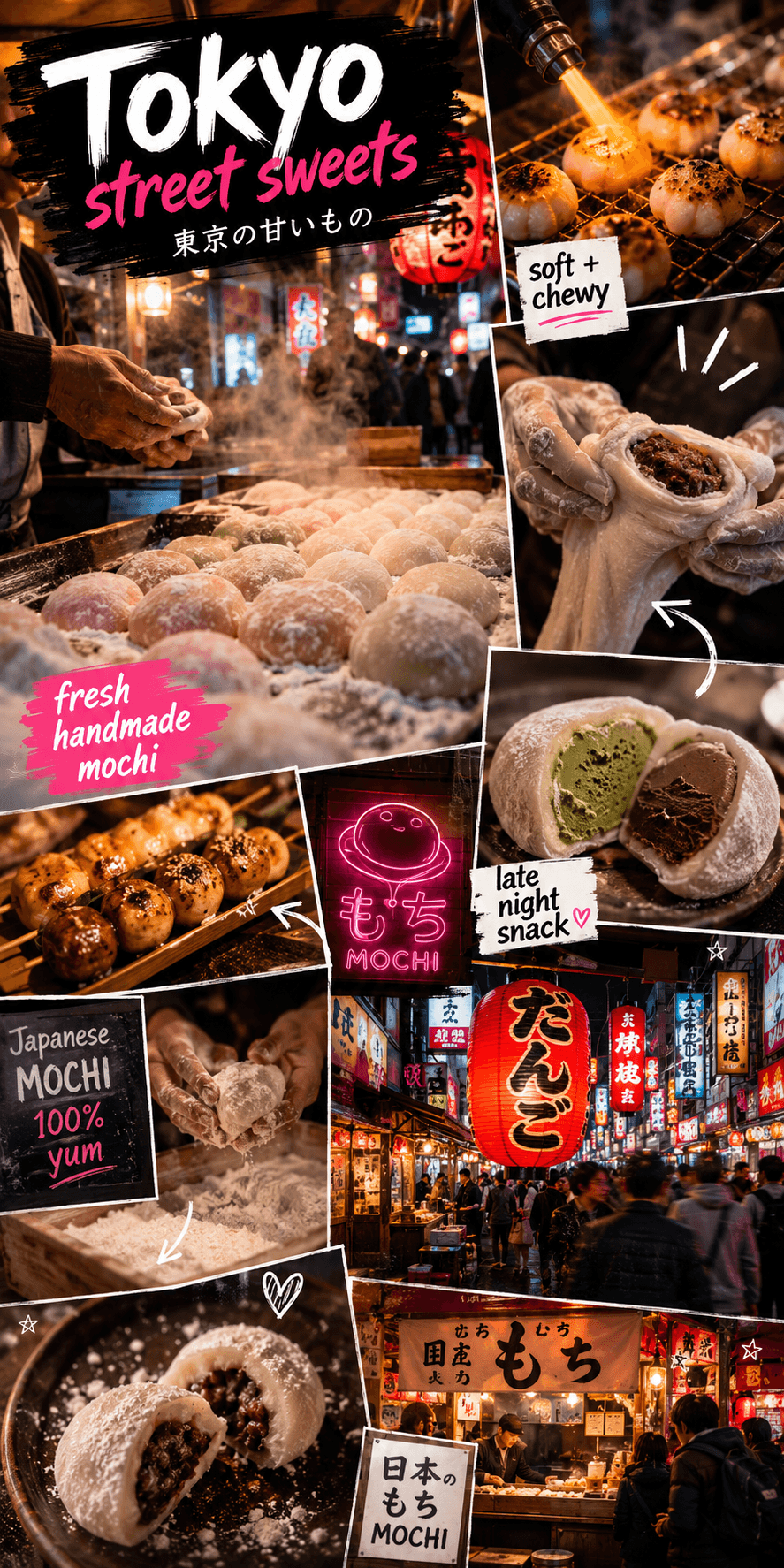 AI-generated Tokyo street-food collage of handmade mochi with neon night-market visuals, created by Raechal AI